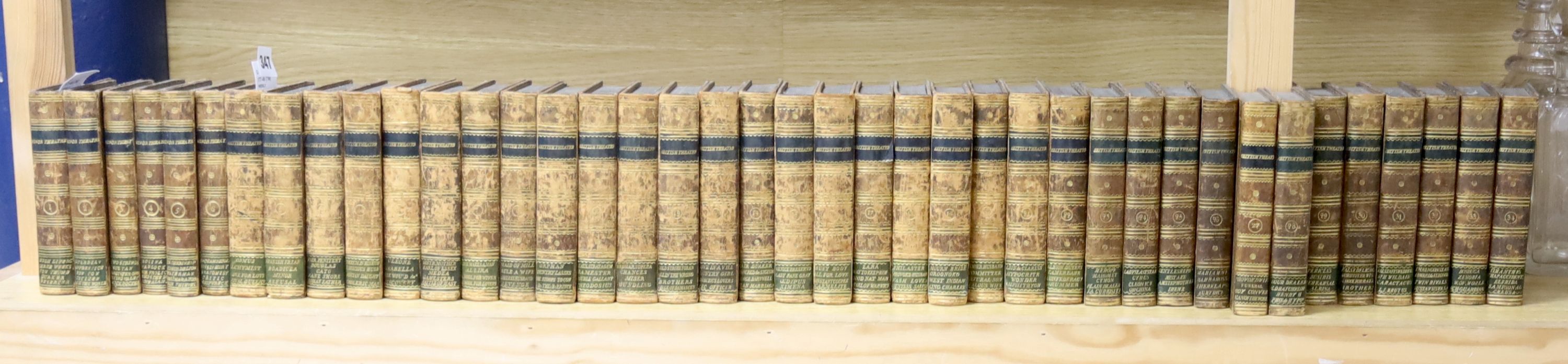 John Bell, British Theatre, 34 vols, 1791-1797, gilt-tooled tan calf, marbled end boards and a similarly-bound set of Bell's Minor Theatre